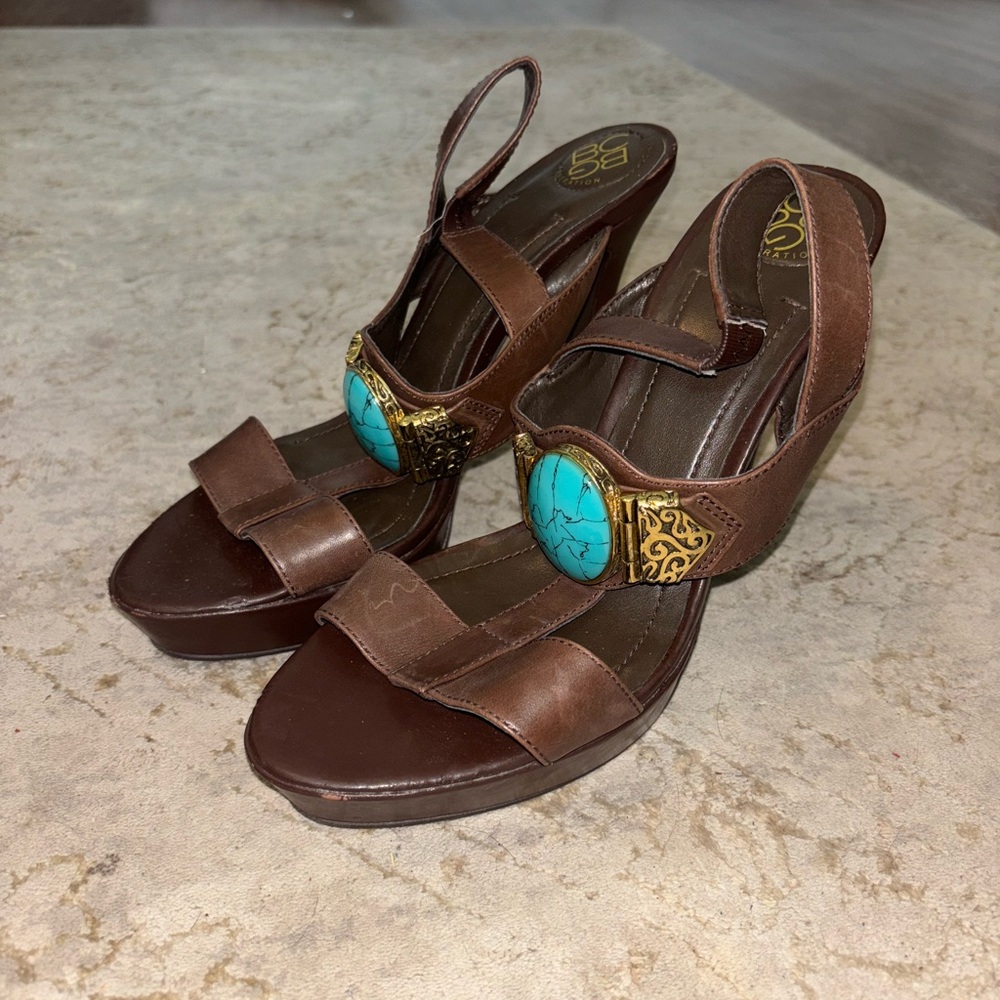 BCBGeneration Brown Heels with Turquoise Embellishments